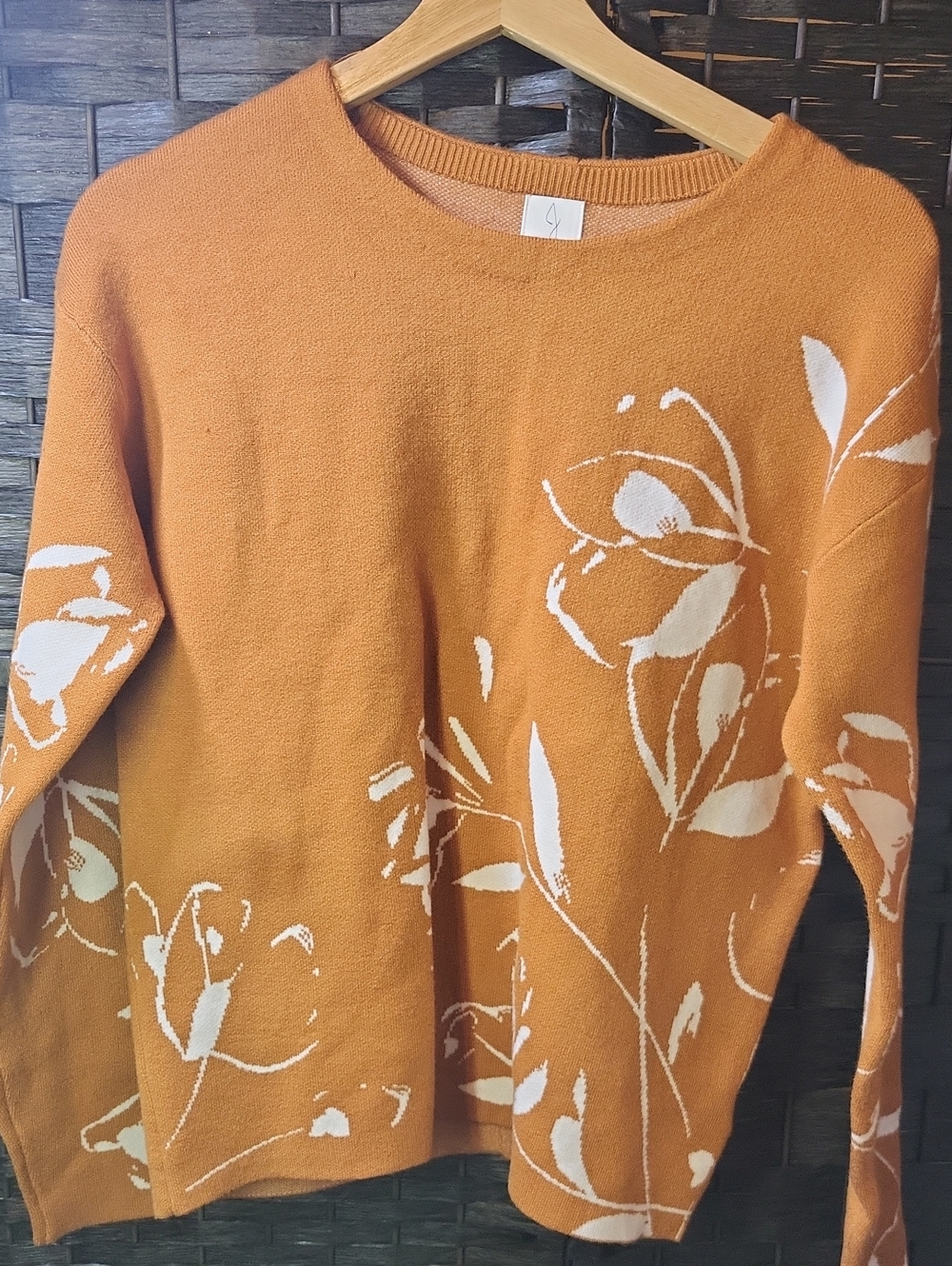 Joie Burnt Orange Crewneck Sweater with White Floral Intarsia
